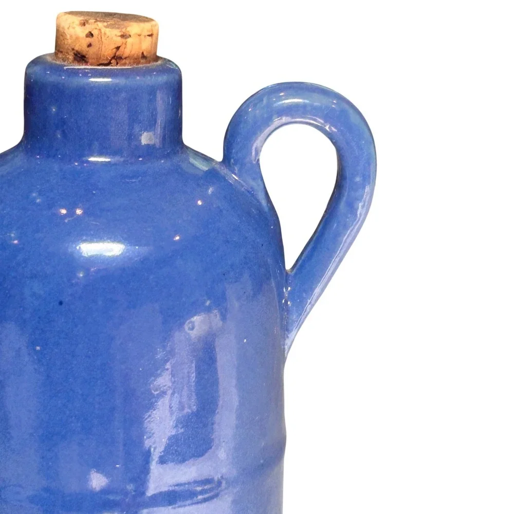 Vintage Cobalt Blue Ceramic Stoneware Jug with Cork Stopper and Handle 9.5in